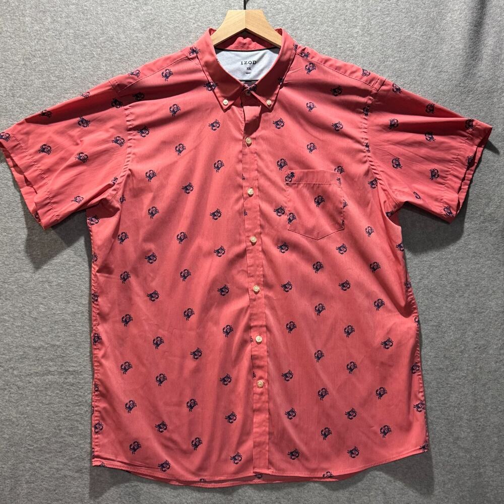 IZOD Saltwater Mens XXL Coral Crab Print Short Sleeve Button Down Shirt